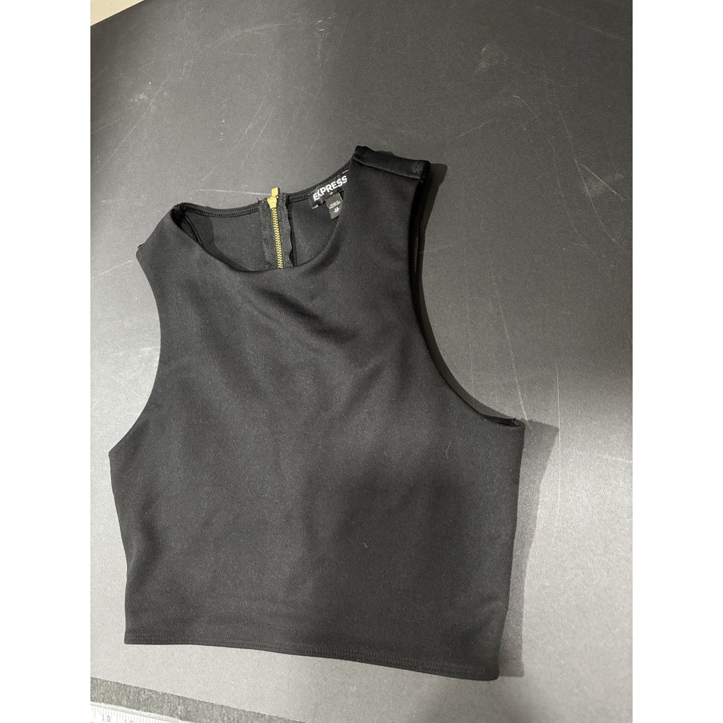 Express Womens XS Black Crop Top Sleeveless Gold Zipper Minimalist