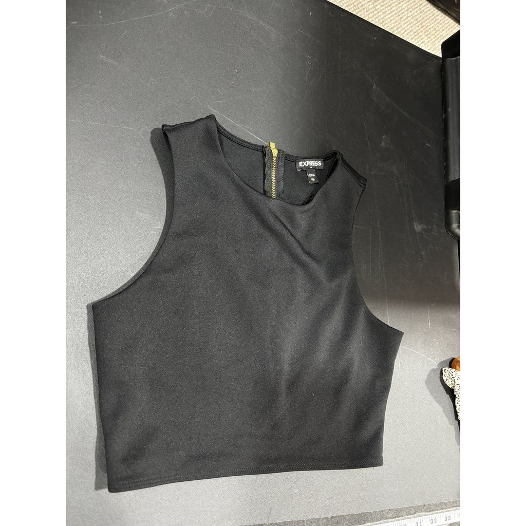 Express Womens XS Black Crop Top Sleeveless Gold Zipper Minimalist