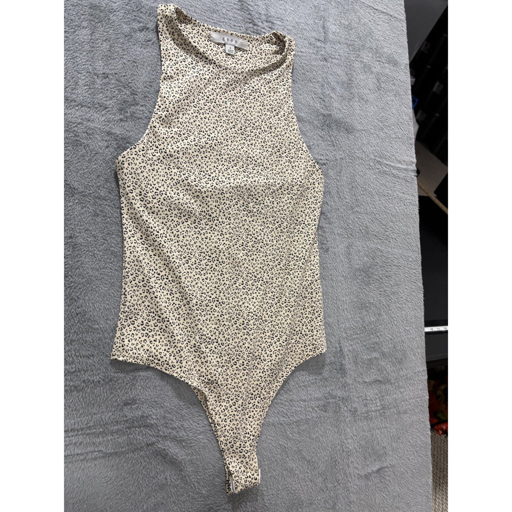 Gaze Womens S Cream Leopard Print Bodysuit Sleeveless Y2K