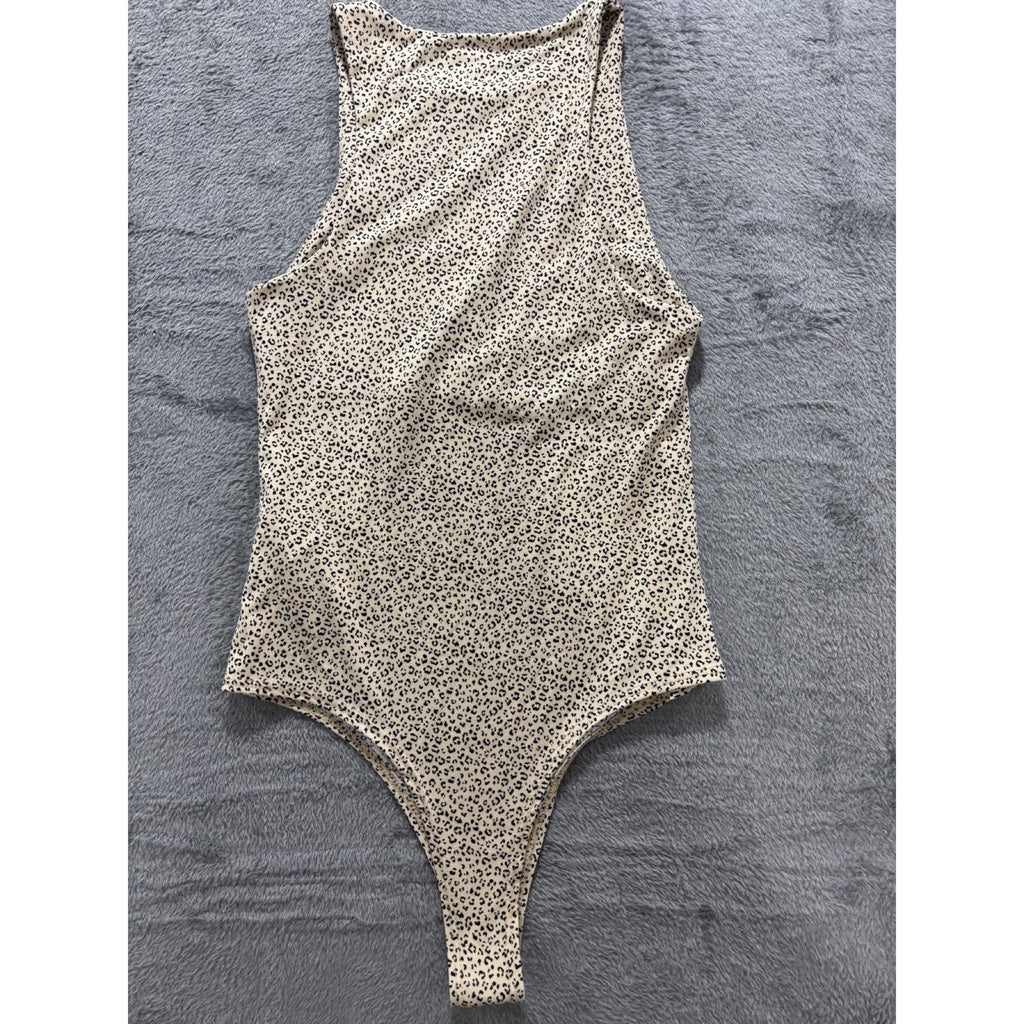 Gaze Womens S Cream Leopard Print Bodysuit Sleeveless Y2K