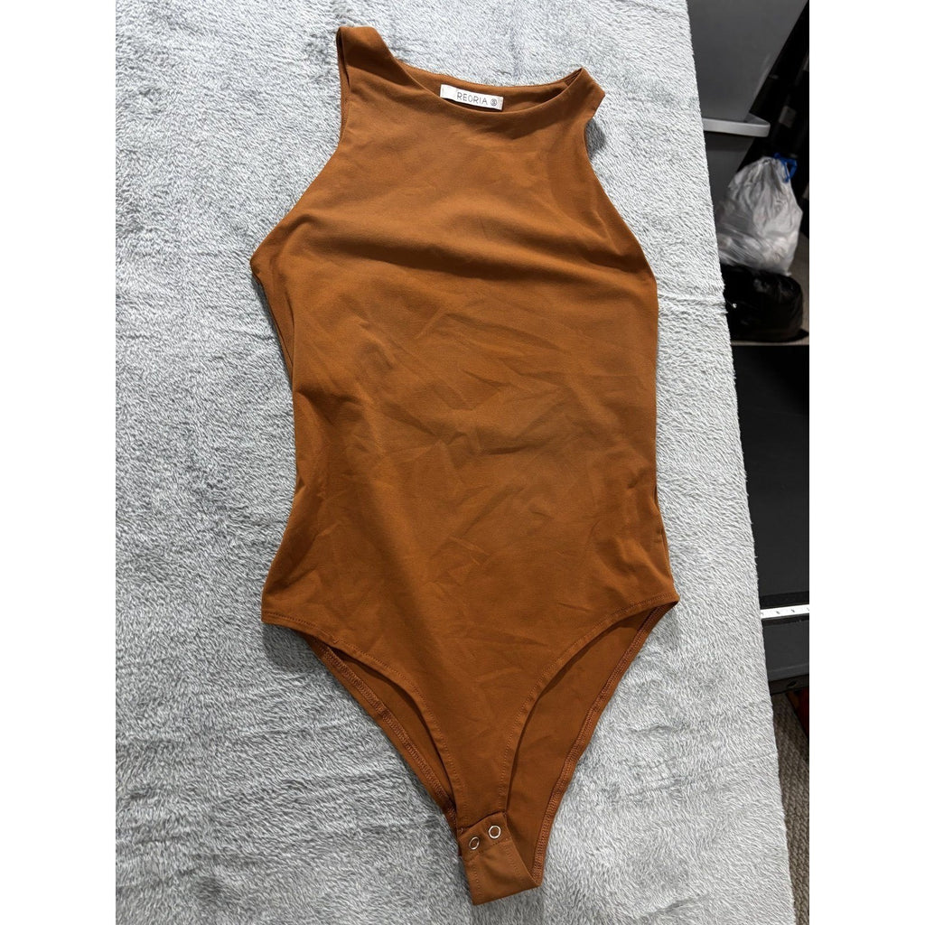 Reoria Womens S Rust Brown Sleeveless Bodysuit Minimalist Casual