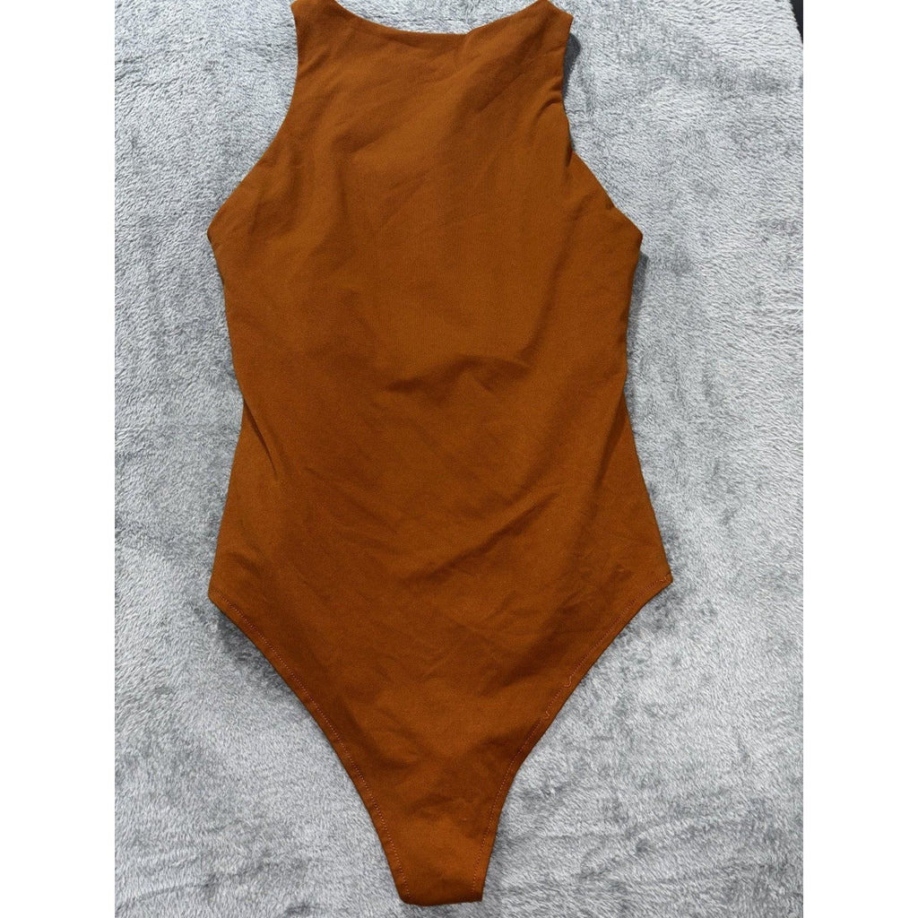Reoria Womens S Rust Brown Sleeveless Bodysuit Minimalist Casual