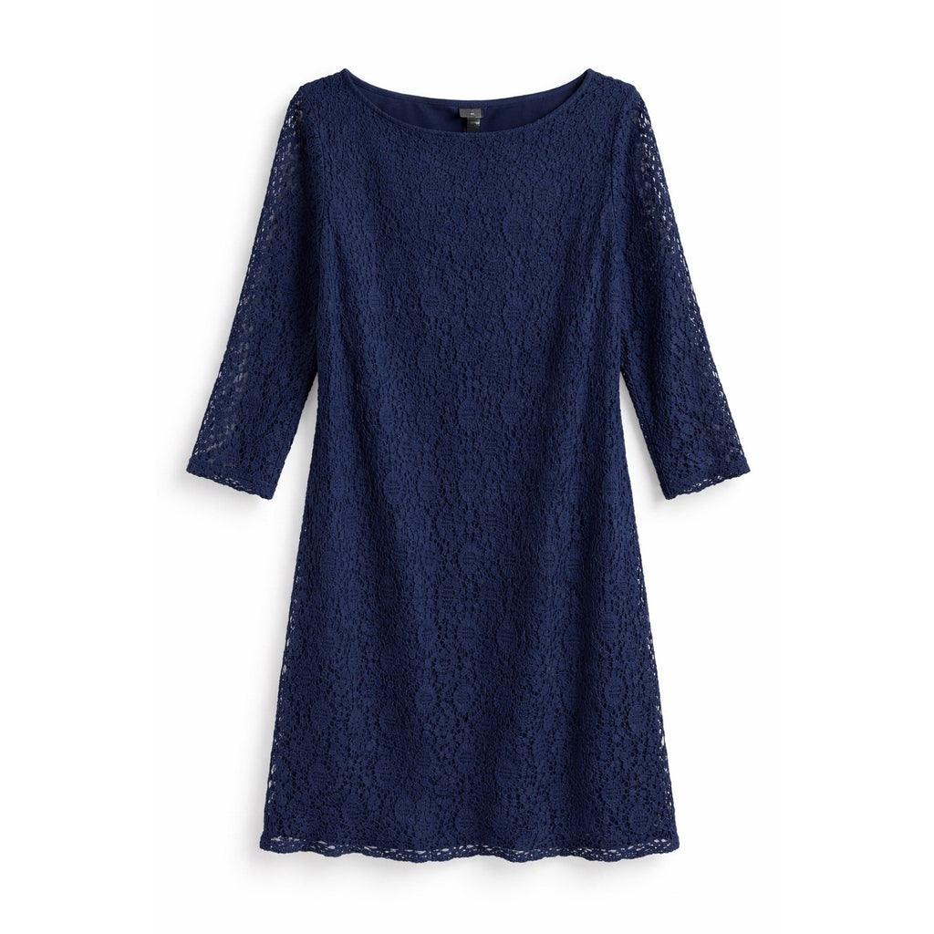 Sharagano Navy Lace Shift Dress Lined 3/4 Sleeve Size 14 Elegant Wedding Classic