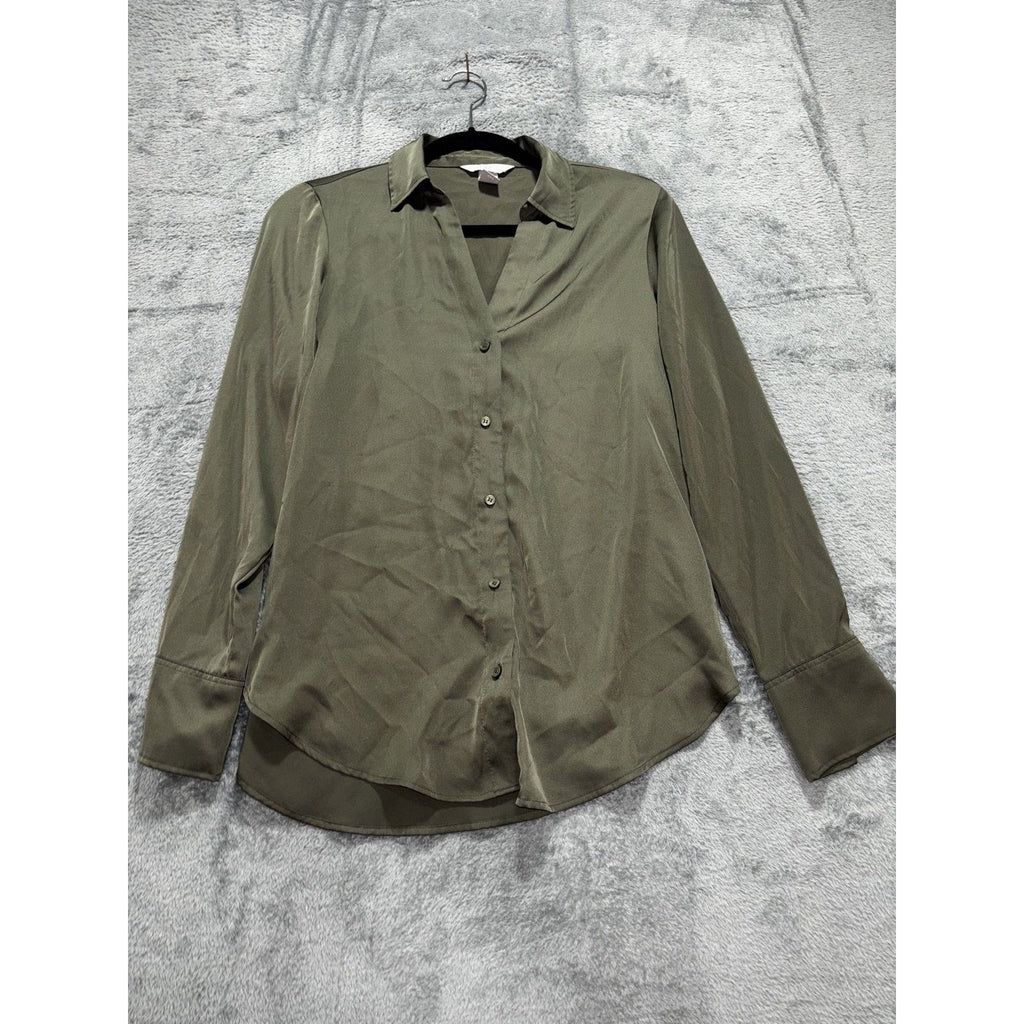 H&M Womens XS Olive Green Button Up Long Sleeve Blouse Casual Minimalist