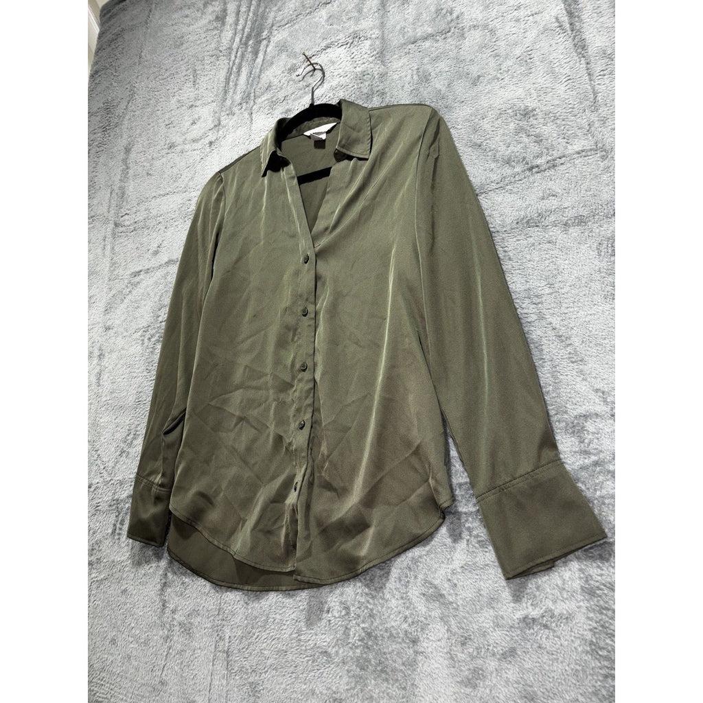 H&M Womens XS Olive Green Button Up Long Sleeve Blouse Casual Minimalist