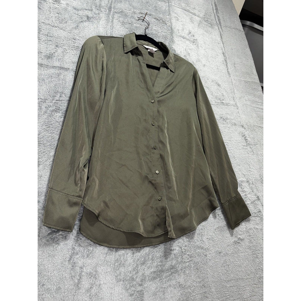 H&M Womens XS Olive Green Button Up Long Sleeve Blouse Casual Minimalist