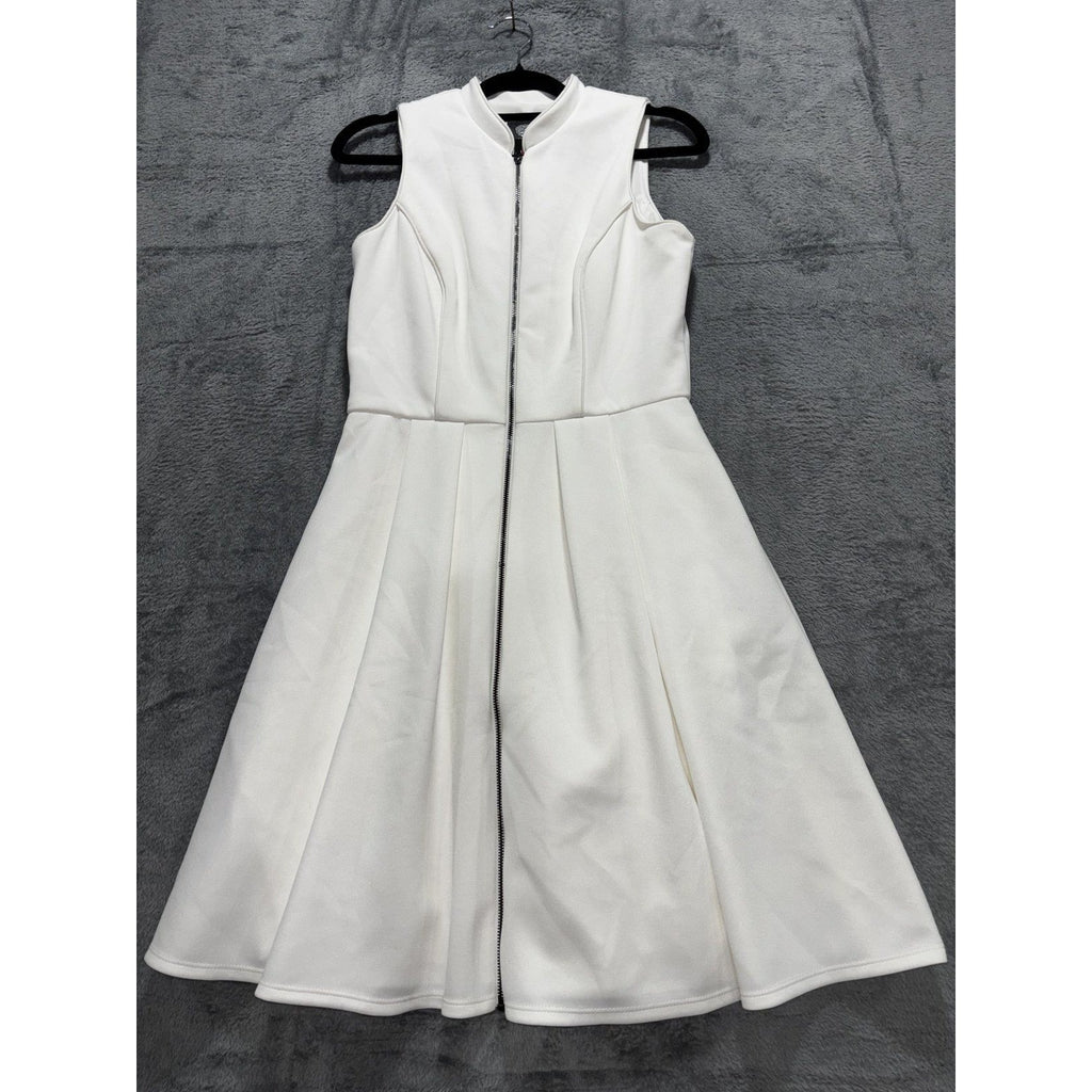 Vince Camuto Womens 2 White Sleeveless Fit and Flare Dress Zip Front Minimalist