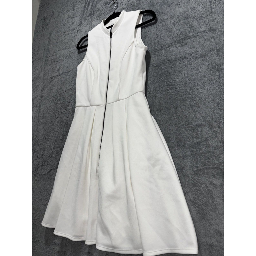 Vince Camuto Womens 2 White Sleeveless Fit and Flare Dress Zip Front Minimalist