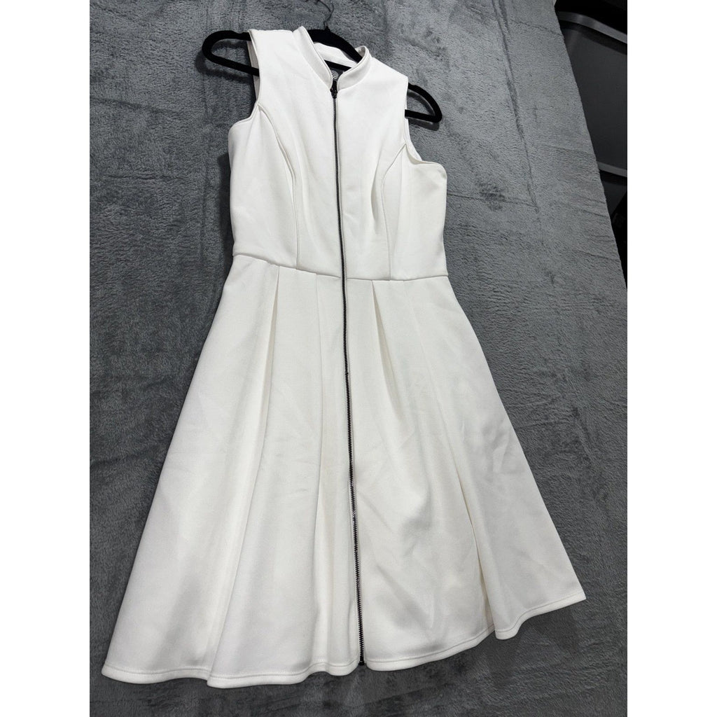 Vince Camuto Womens 2 White Sleeveless Fit and Flare Dress Zip Front Minimalist
