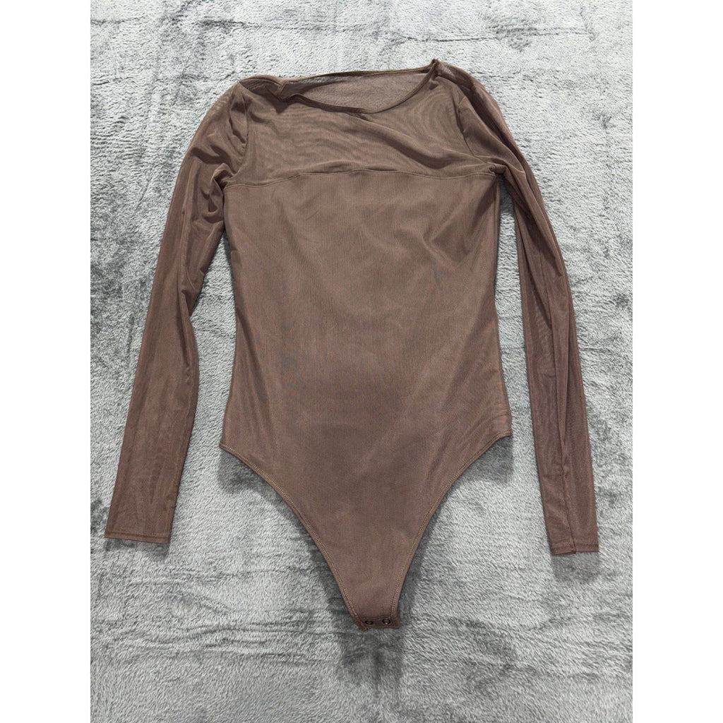 Abercrombie & Fitch Womens Taupe Mesh Long Sleeve Bodysuit Size Not Tagged