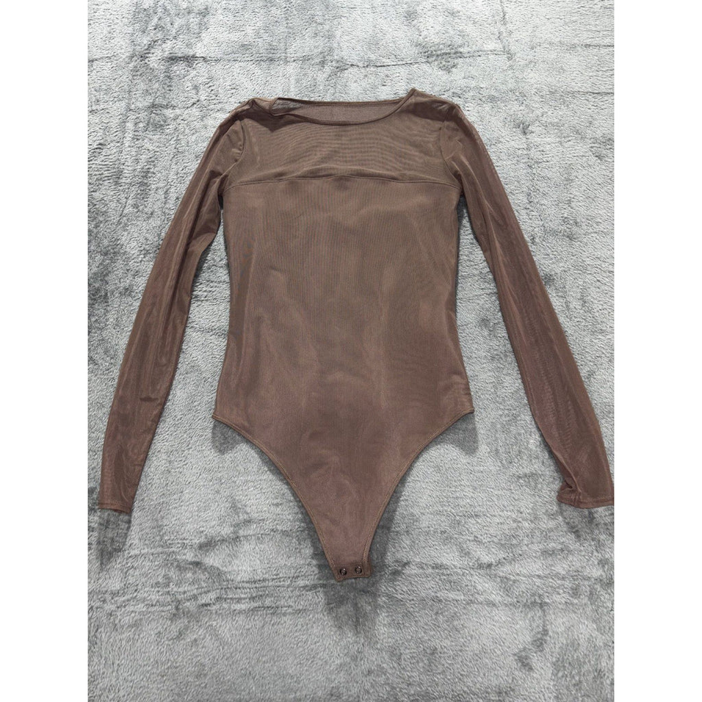 Abercrombie & Fitch Womens Taupe Mesh Long Sleeve Bodysuit Size Not Tagged