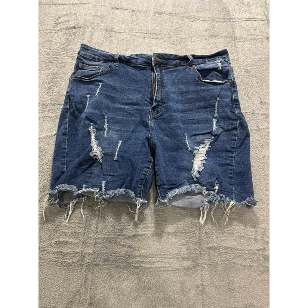 American Bazi Plus 2X Distressed Raw Hem Denim Shorts Blue High Rise Stretch
