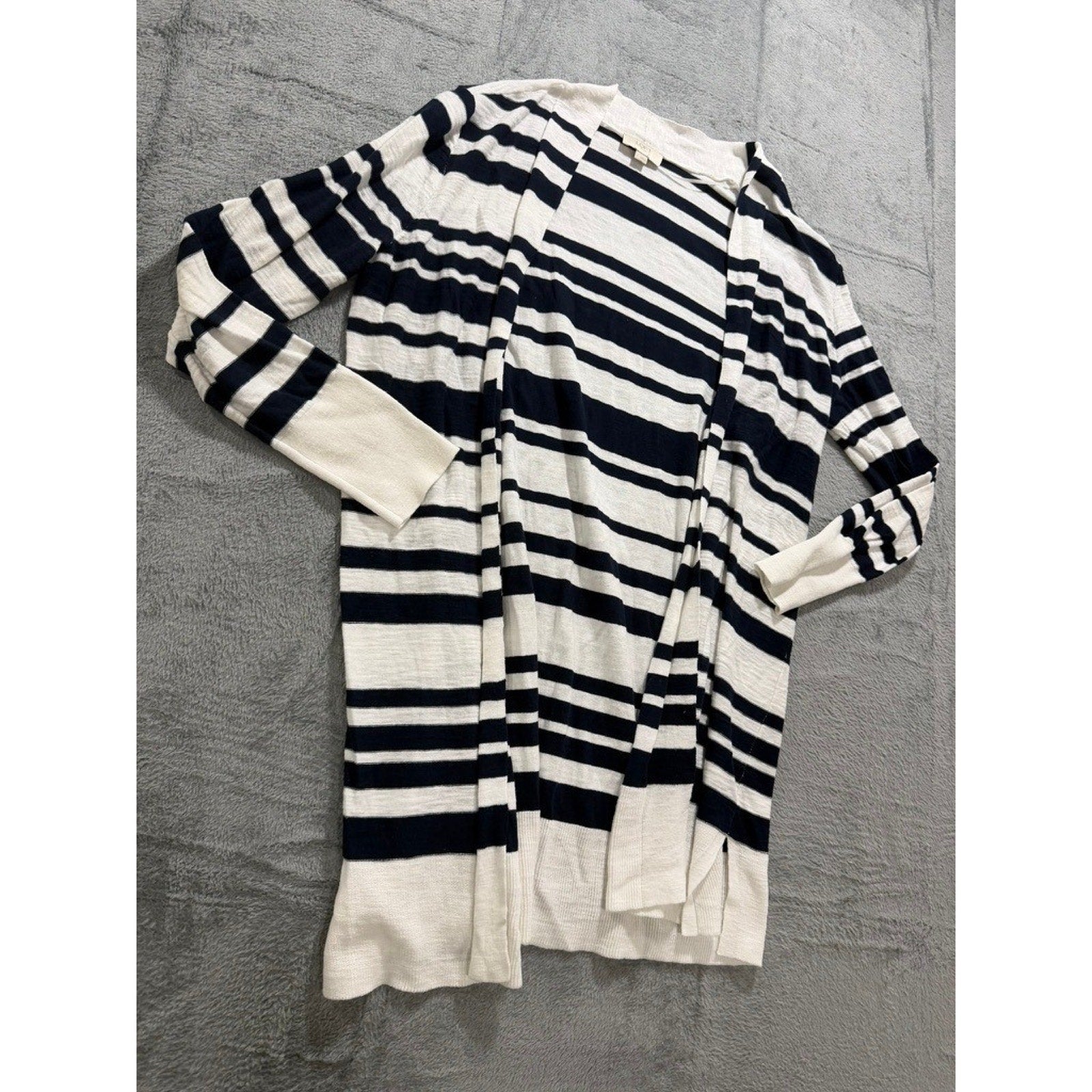 Loft Outlet Striped Cardigan Women L Navy White Open Front Coastal Preppy Career