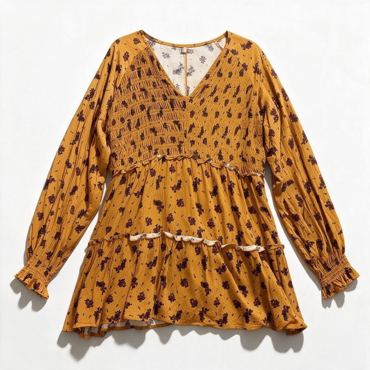 Maurices Womens XL Mustard Orange Floral Smocked Babydoll Tunic Boho Cozy