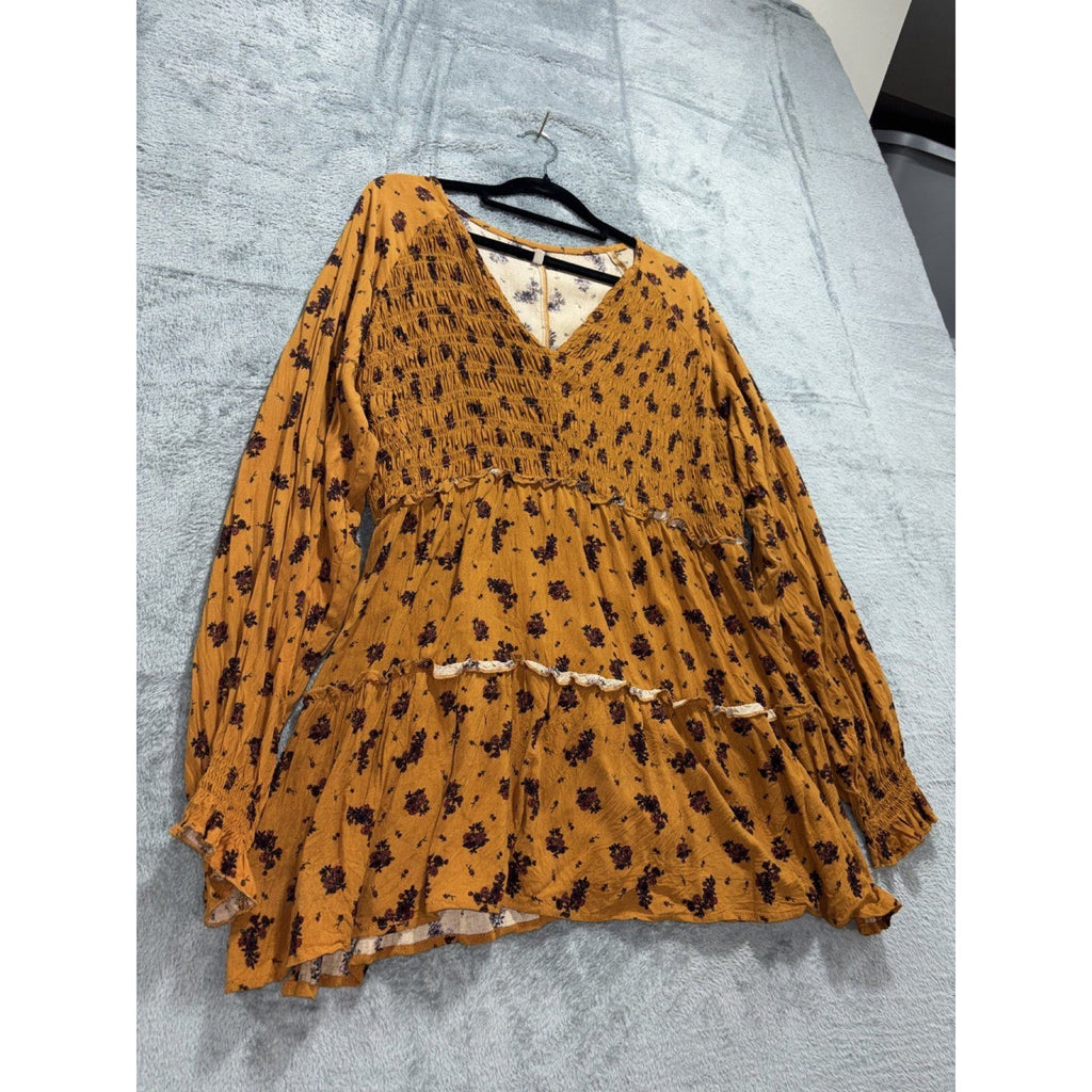 Maurices Womens XL Mustard Orange Floral Smocked Babydoll Tunic Boho Cozy