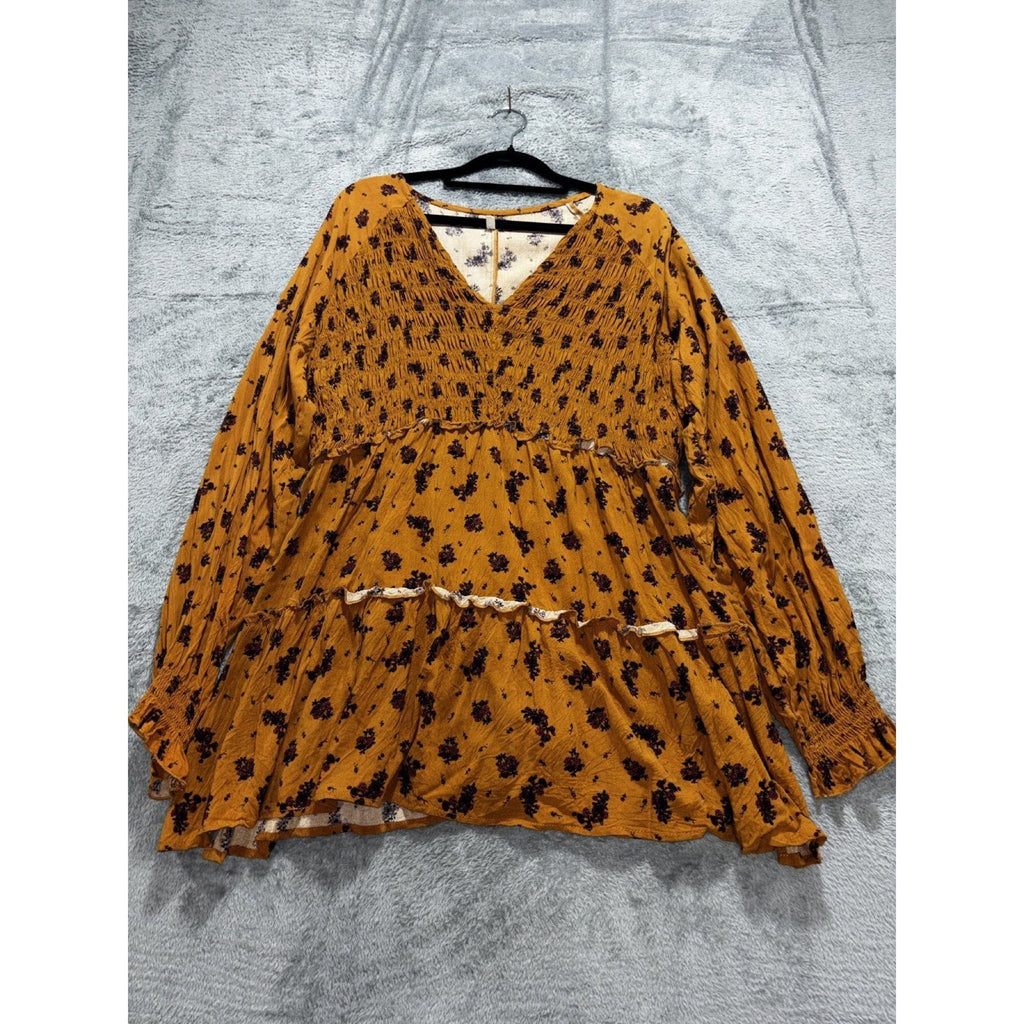 Maurices Womens XL Mustard Orange Floral Smocked Babydoll Tunic Boho Cozy