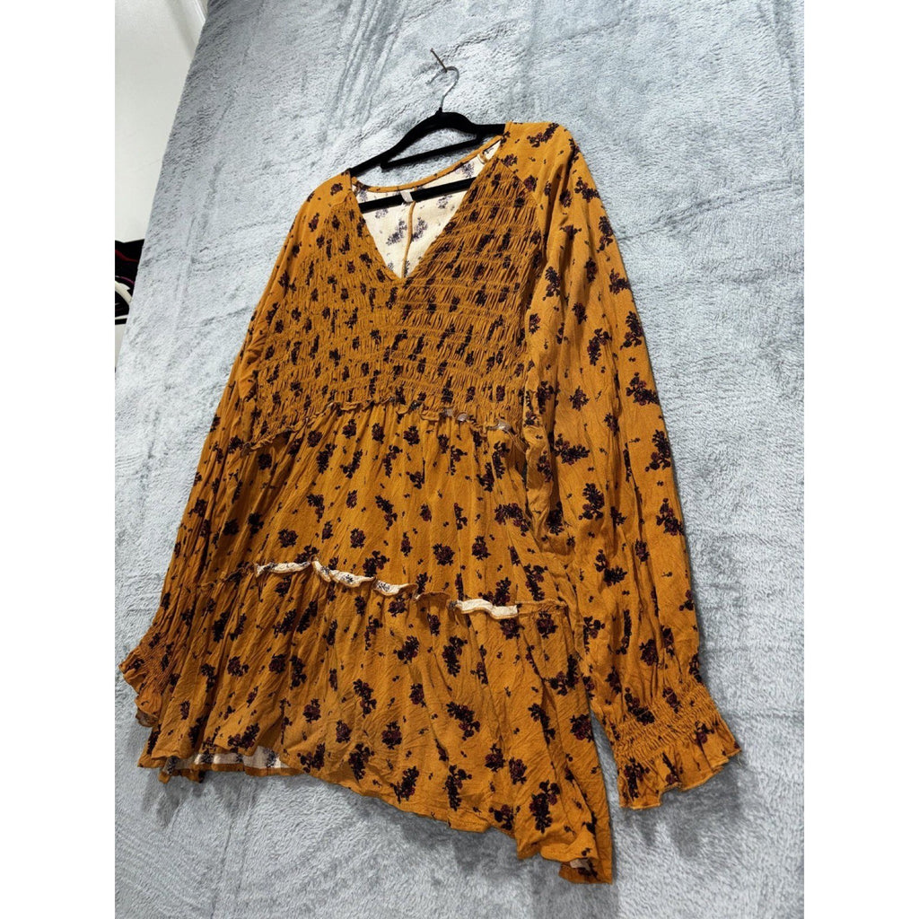 Maurices Womens XL Mustard Orange Floral Smocked Babydoll Tunic Boho Cozy