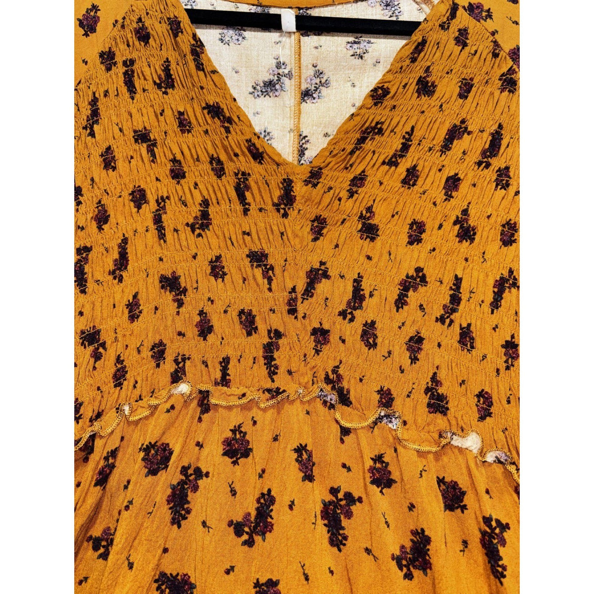 Maurices Womens XL Mustard Orange Floral Smocked Babydoll Tunic Boho Cozy
