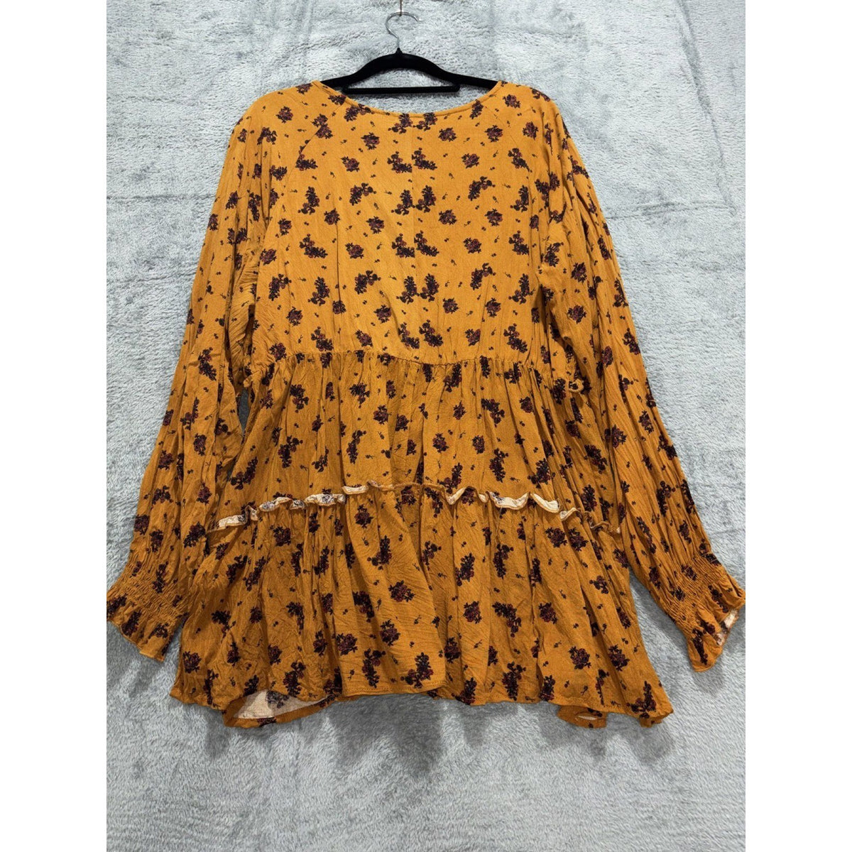 Maurices Womens XL Mustard Orange Floral Smocked Babydoll Tunic Boho Cozy