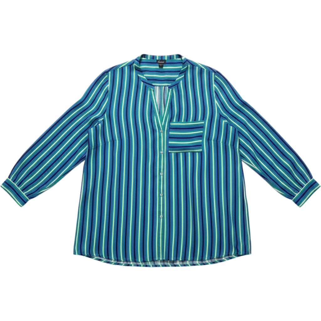 Simply Emma Striped Blouse Womens 2X Blue Green Button Front Plus Size Top