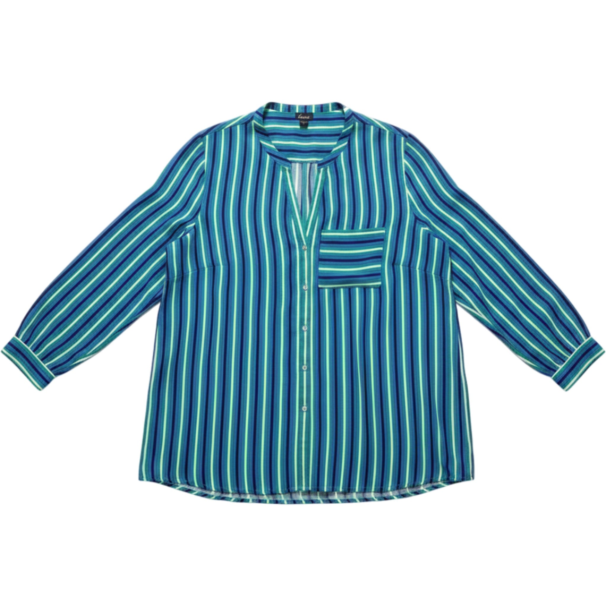 Simply Emma Striped Blouse Womens 2X Blue Green Button Front Plus Size Top