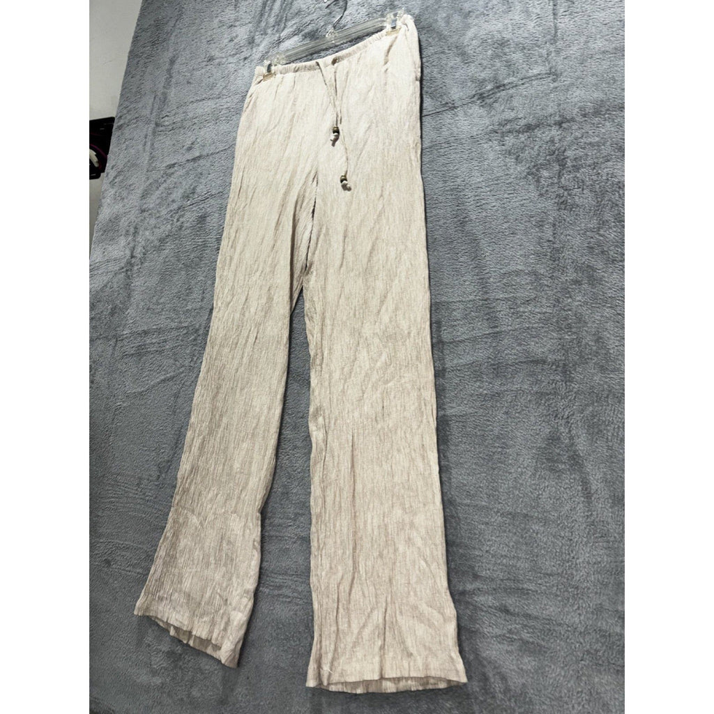 Zara Womens XS Taupe Crinkle Wide Leg Pants Drawstring Elastic Waist Boho Casual