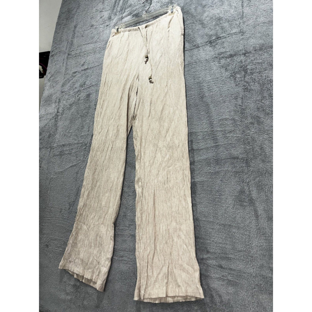 Zara Womens XS Taupe Crinkle Wide Leg Pants Drawstring Elastic Waist Boho Casual