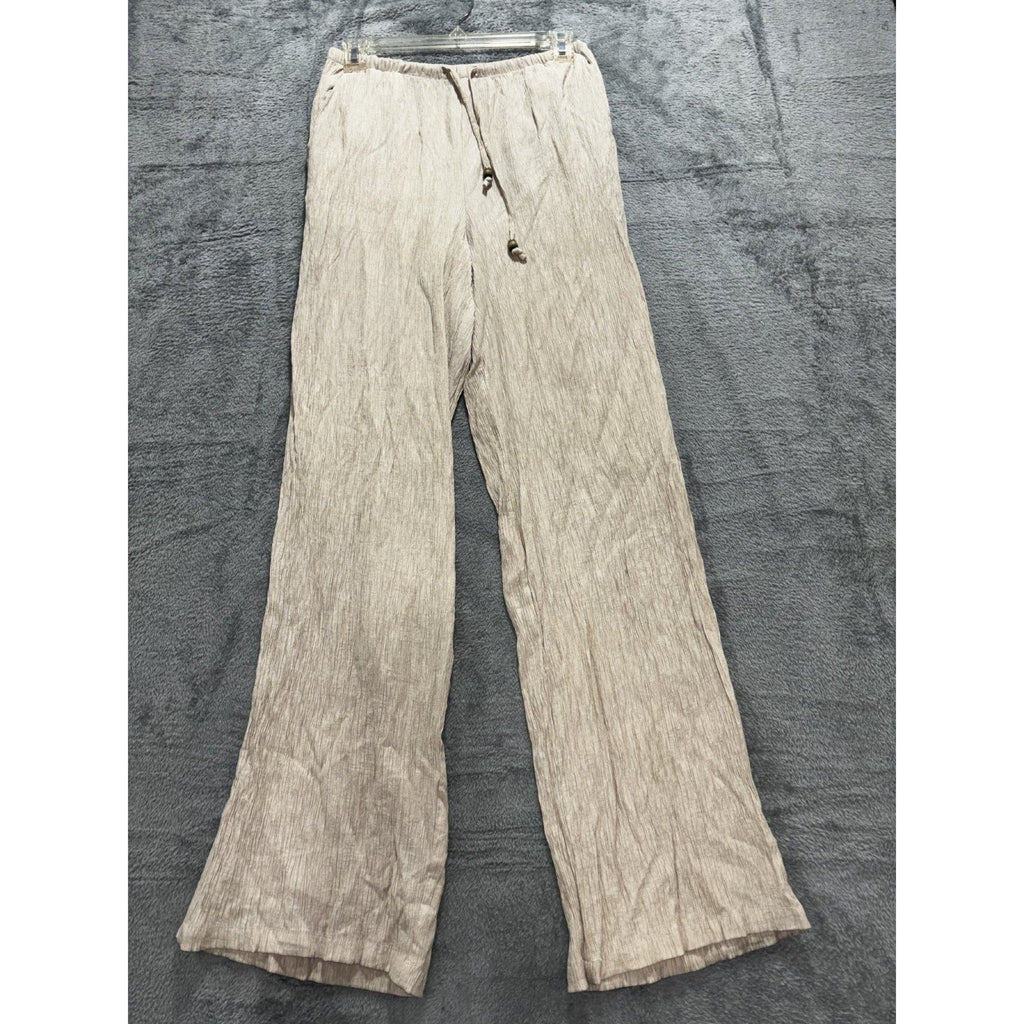 Zara Womens XS Taupe Crinkle Wide Leg Pants Drawstring Elastic Waist Boho Casual