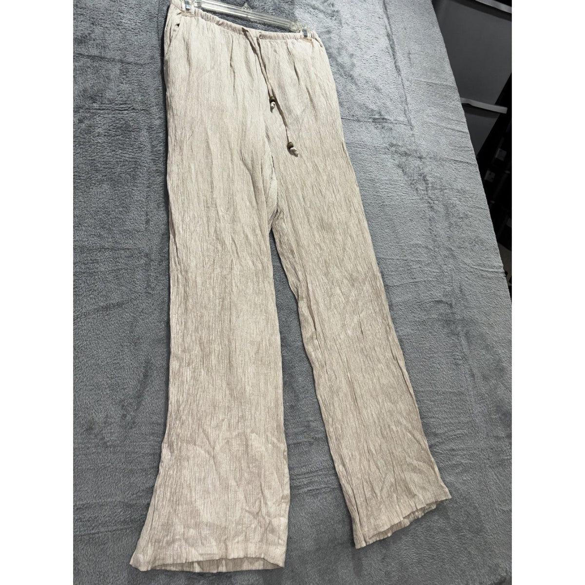 Zara Womens XS Taupe Crinkle Wide Leg Pants Drawstring Elastic Waist Boho Casual