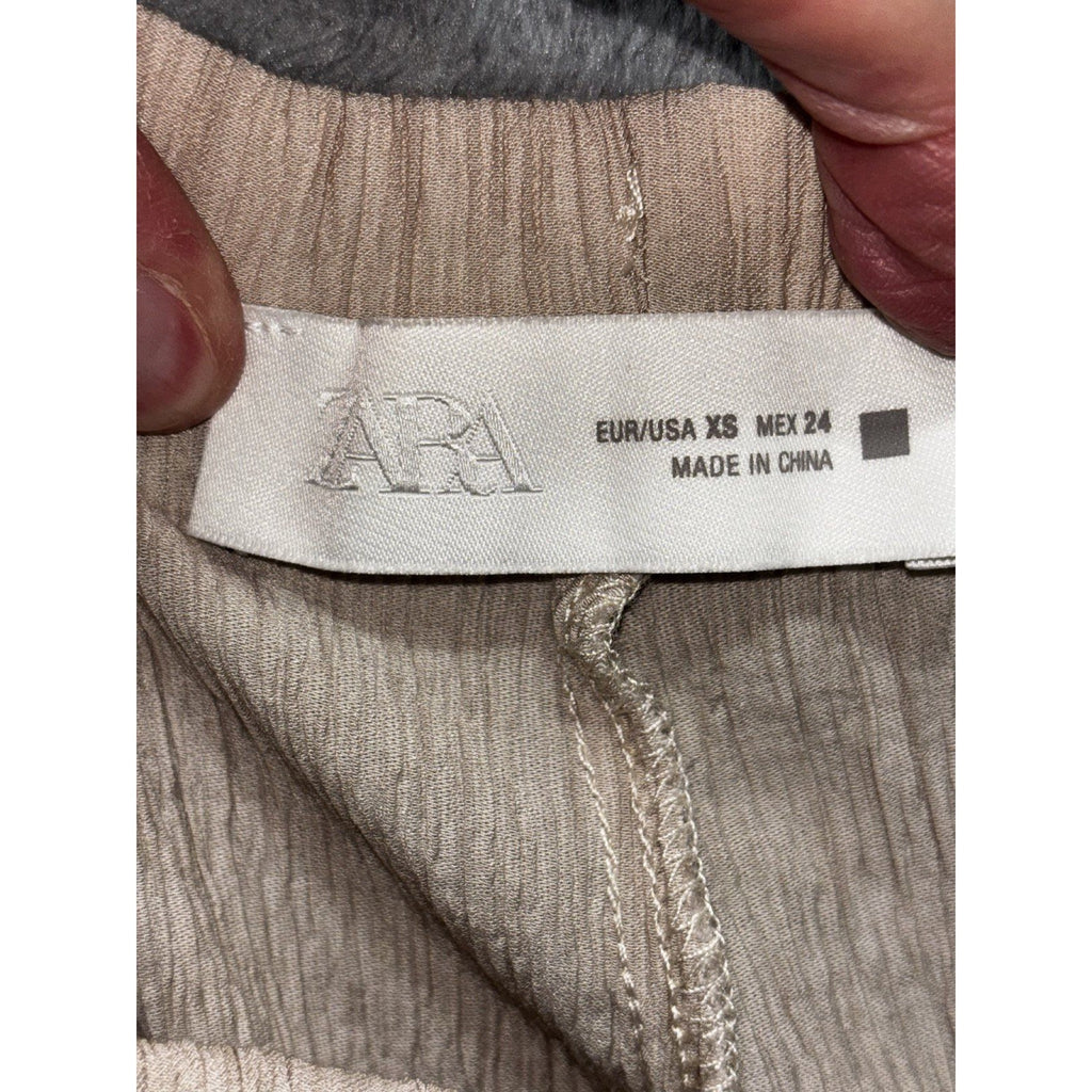 Zara Womens XS Taupe Crinkle Wide Leg Pants Drawstring Elastic Waist Boho Casual