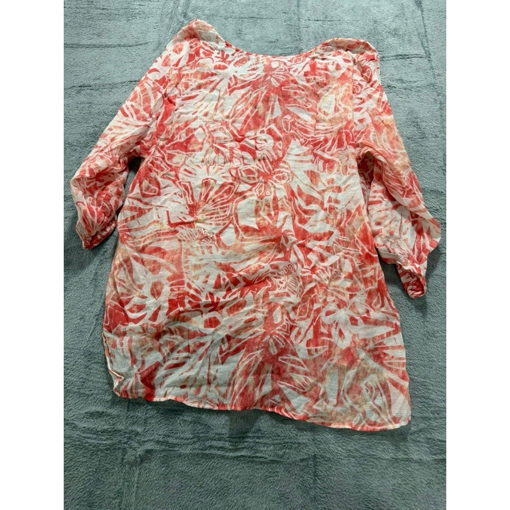 Grand & Greene Womens 1X Tropical Floral Roll Tab Sleeve High Low Blouse Orange