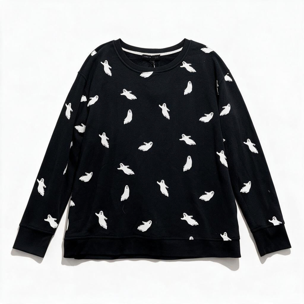 NWT Jane + Delancey Womens L Black Ghost Print Sweatshirt Halloween Casual