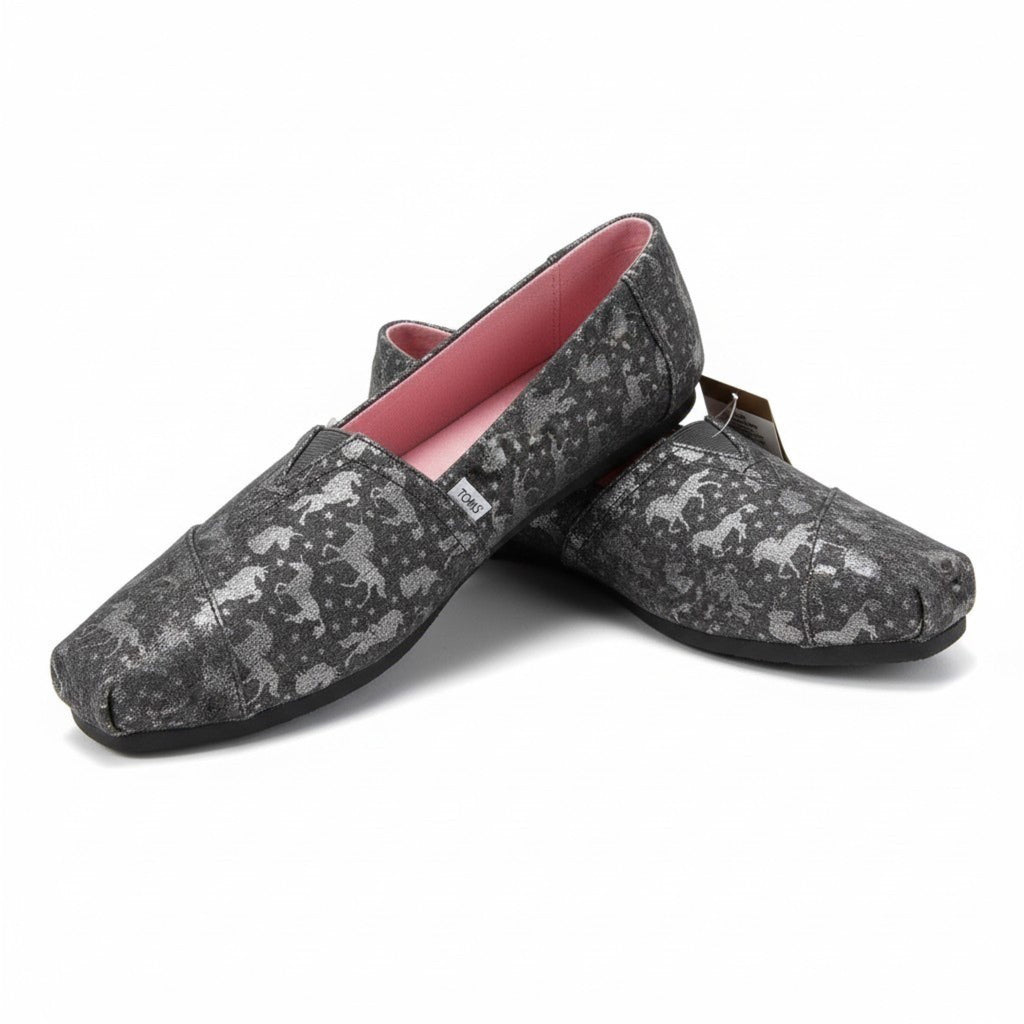 TOMS Womens 9 Drizzle Grey Foil Unicorns Alpargata Slip On Shoes NWT
