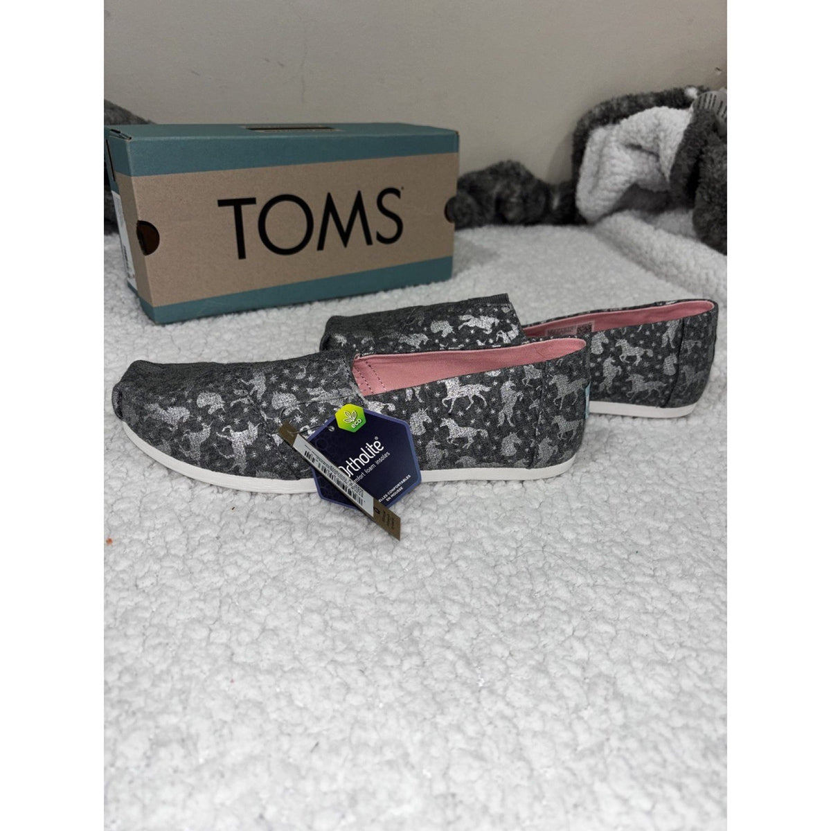 TOMS Womens 9 Drizzle Grey Foil Unicorns Alpargata Slip On Shoes NWT