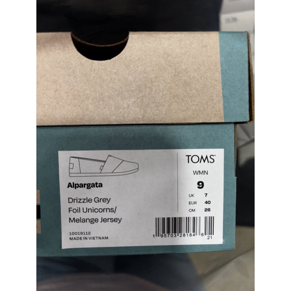 TOMS Womens 9 Drizzle Grey Foil Unicorns Alpargata Slip On Shoes NWT
