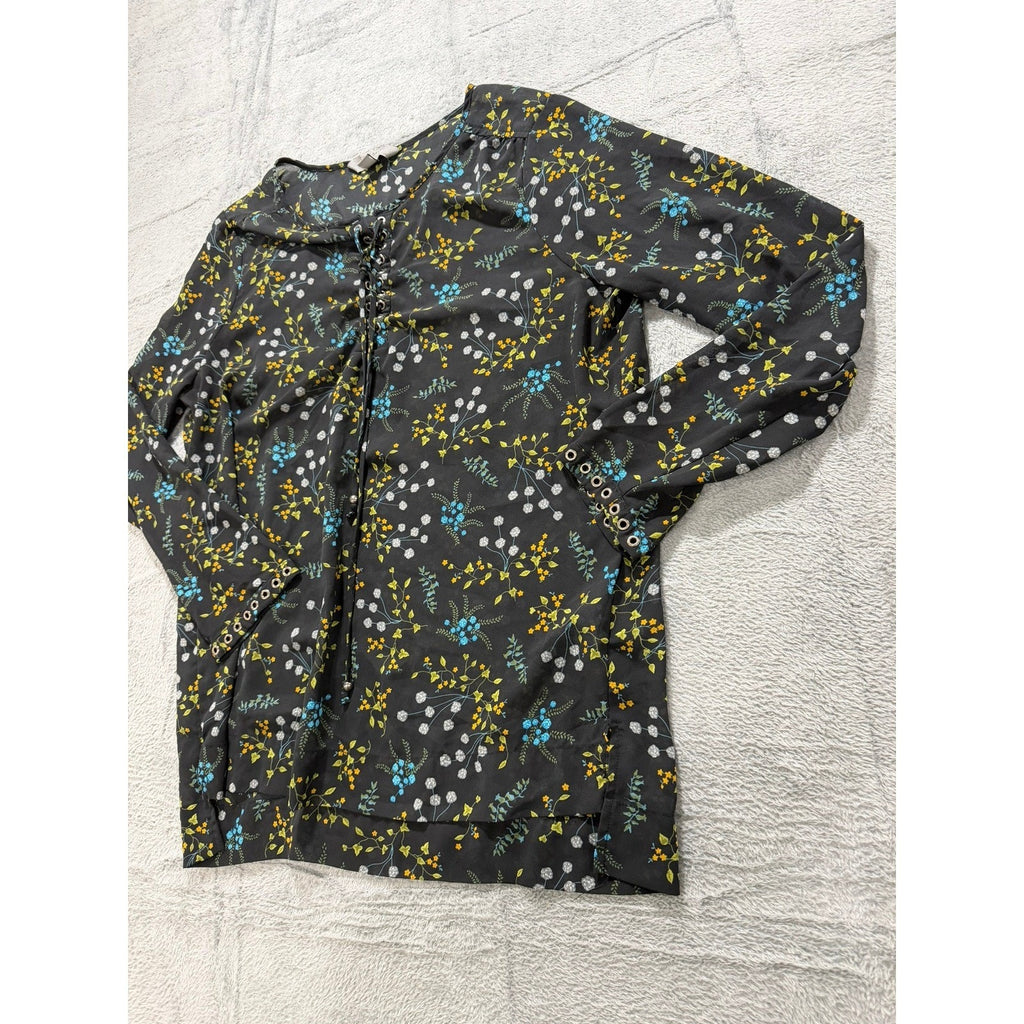Ruff Hewn Grey Womens XL Black Floral Lace Up Grommet Long Sleeve Blouse Top
