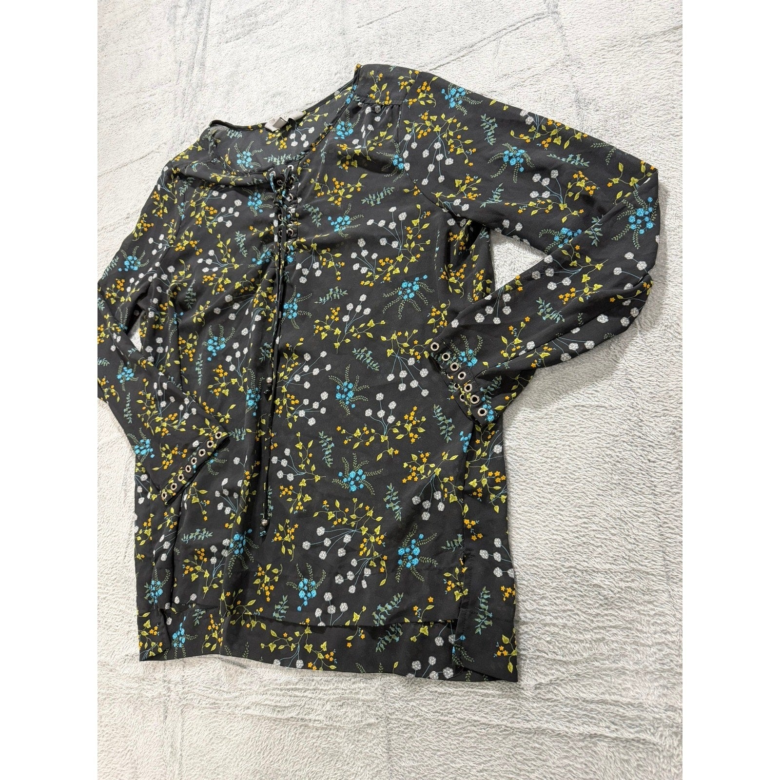 Ruff Hewn Grey Womens XL Black Floral Lace Up Grommet Long Sleeve Blouse Top