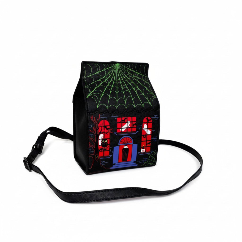 NWT Fine By Me Haunted House Crossbody Bag OS Black Halloween Spider Web