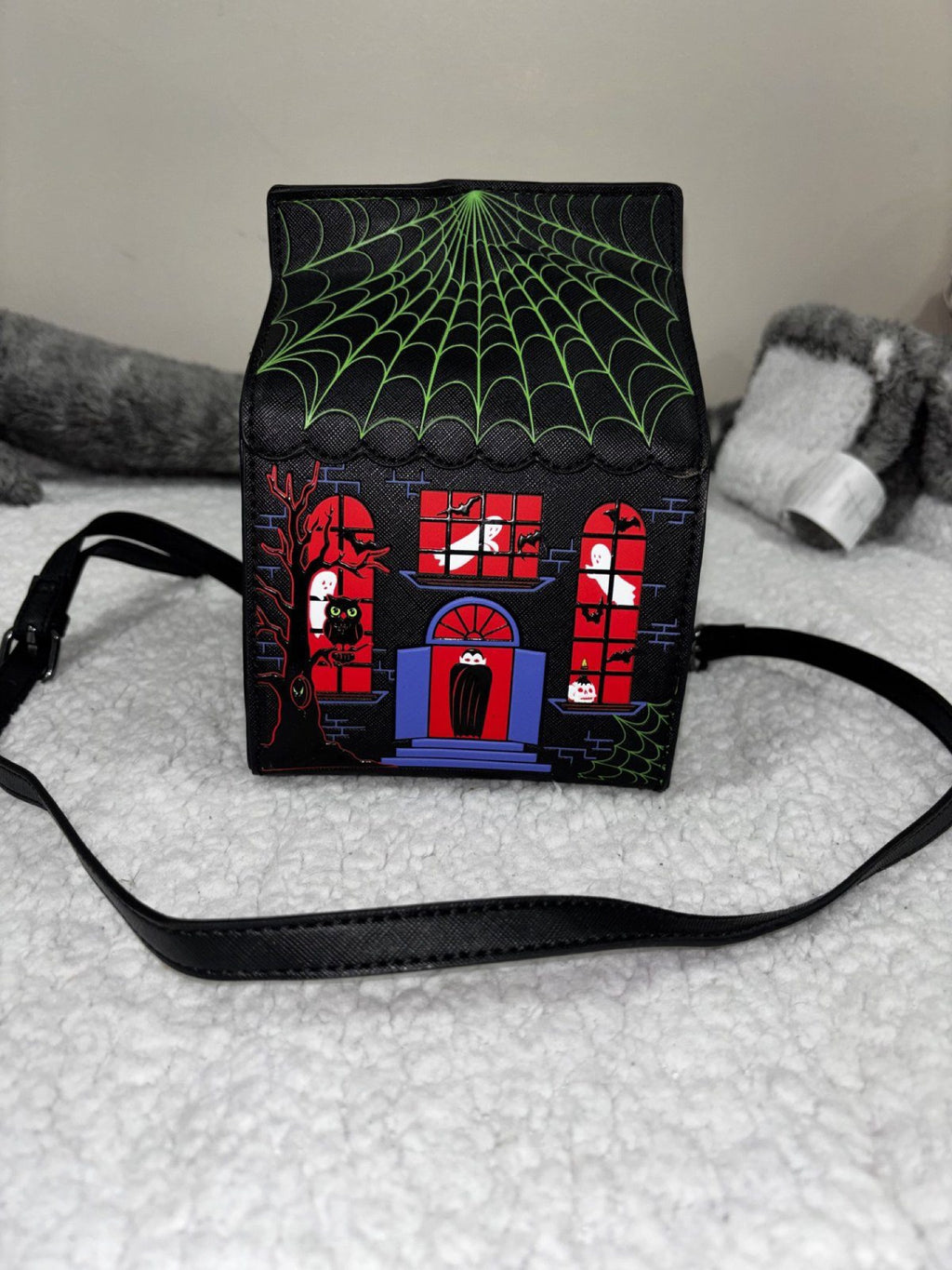 NWT Fine By Me Haunted House Crossbody Bag OS Black Halloween Spider Web