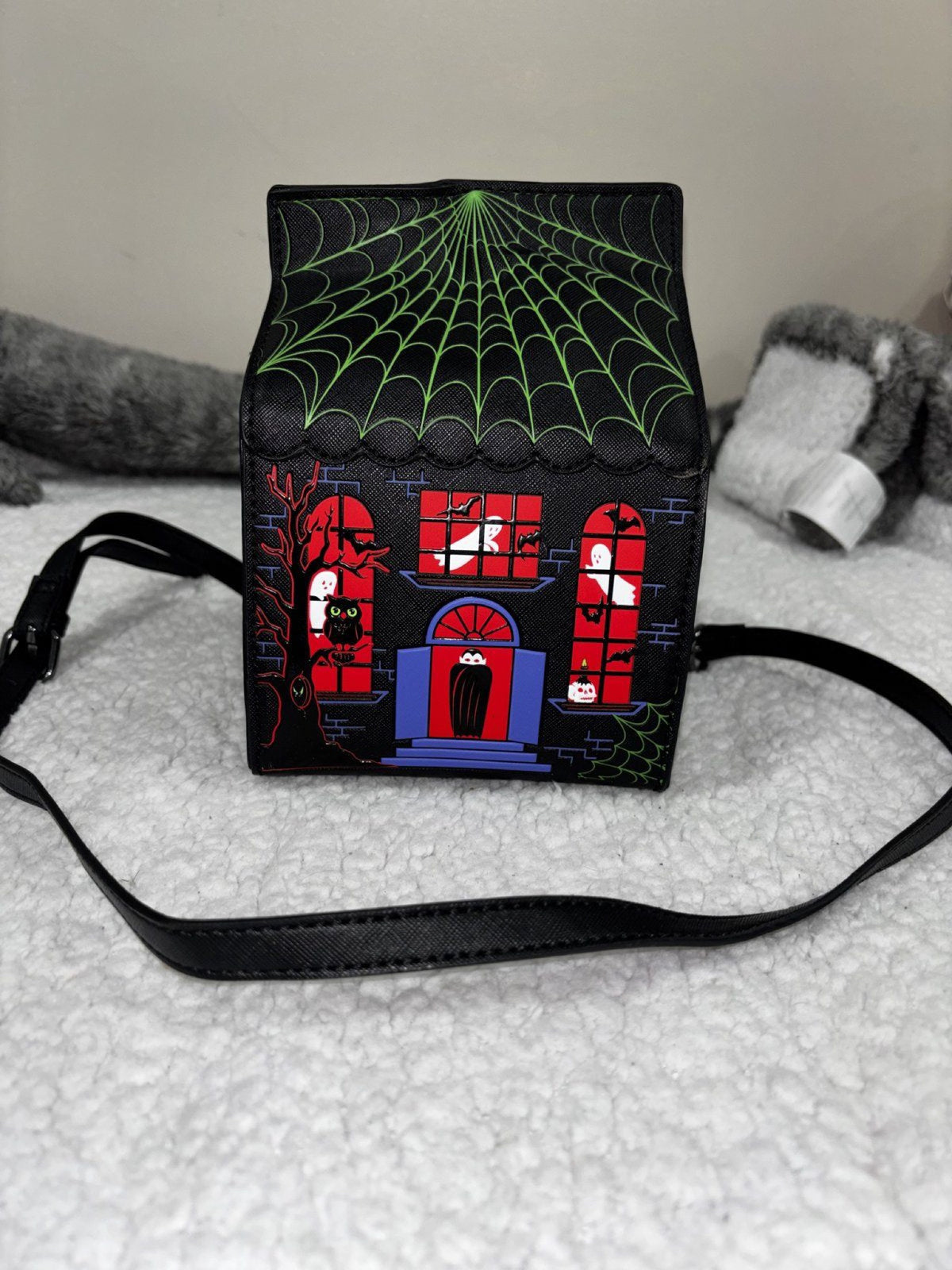 NWT Fine By Me Haunted House Crossbody Bag OS Black Halloween Spider Web