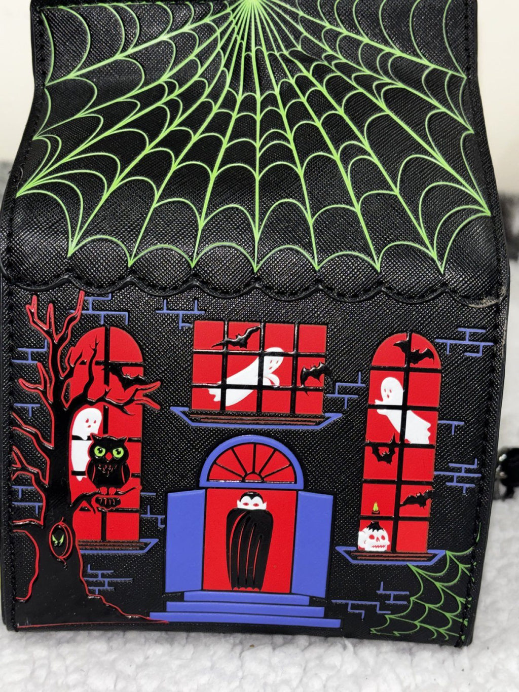 NWT Fine By Me Haunted House Crossbody Bag OS Black Halloween Spider Web