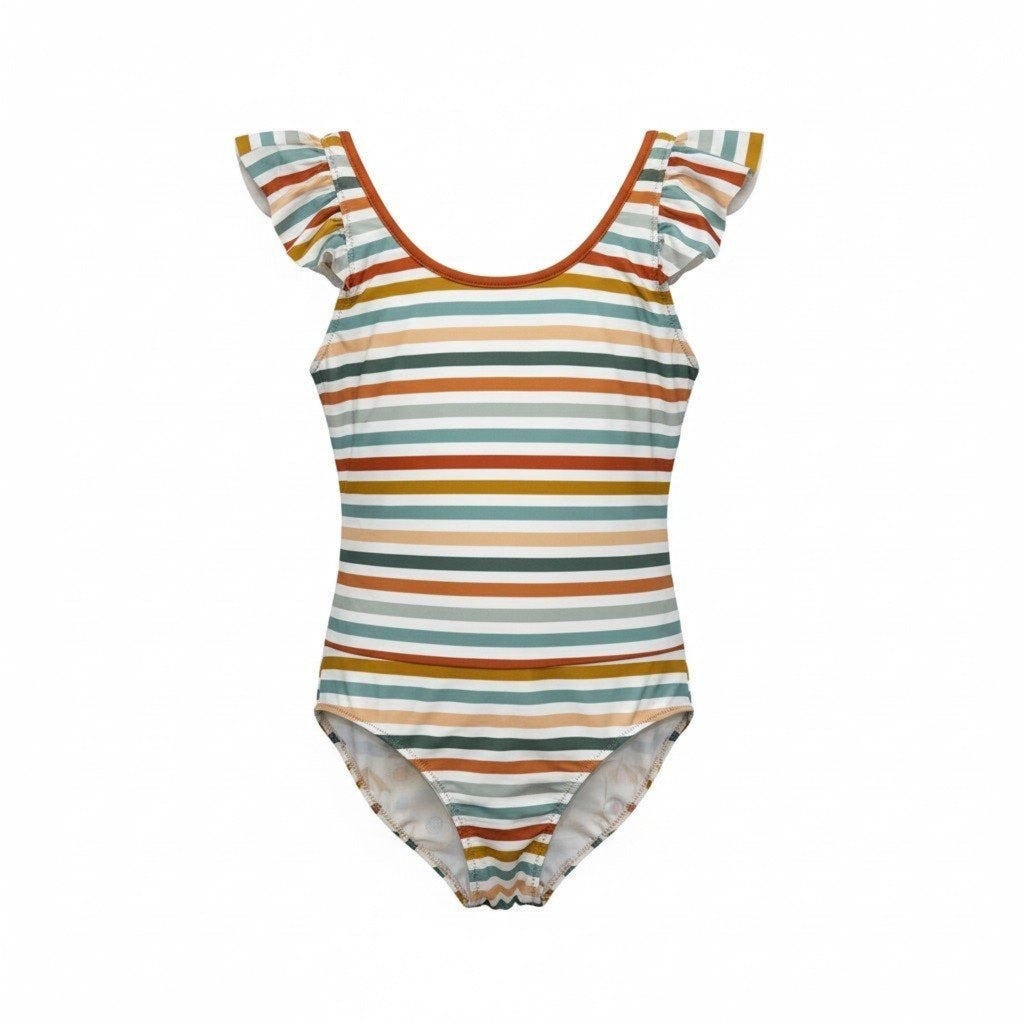 Girls Reversible One Piece Swimsuit Stripes Beach Print Ruffle Size Not Tagged