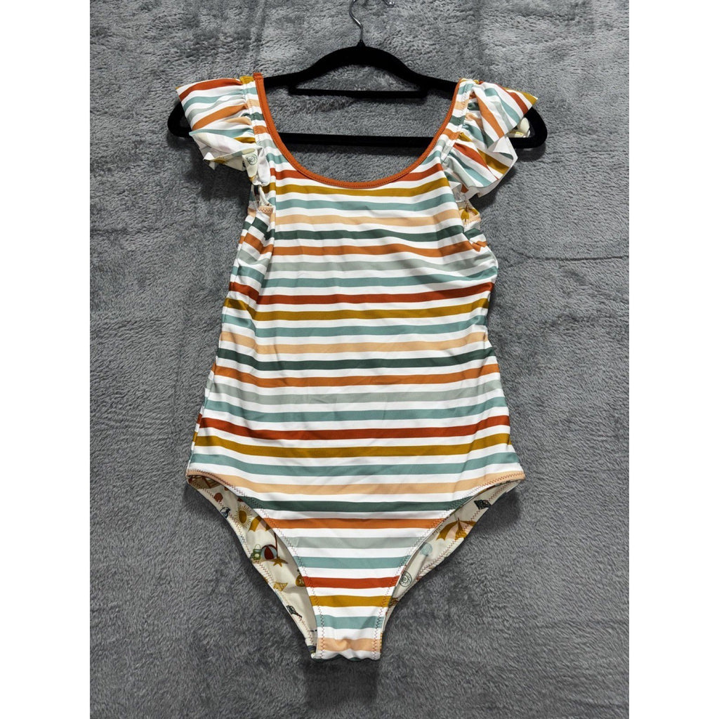 Girls Reversible One Piece Swimsuit Stripes Beach Print Ruffle Size Not Tagged