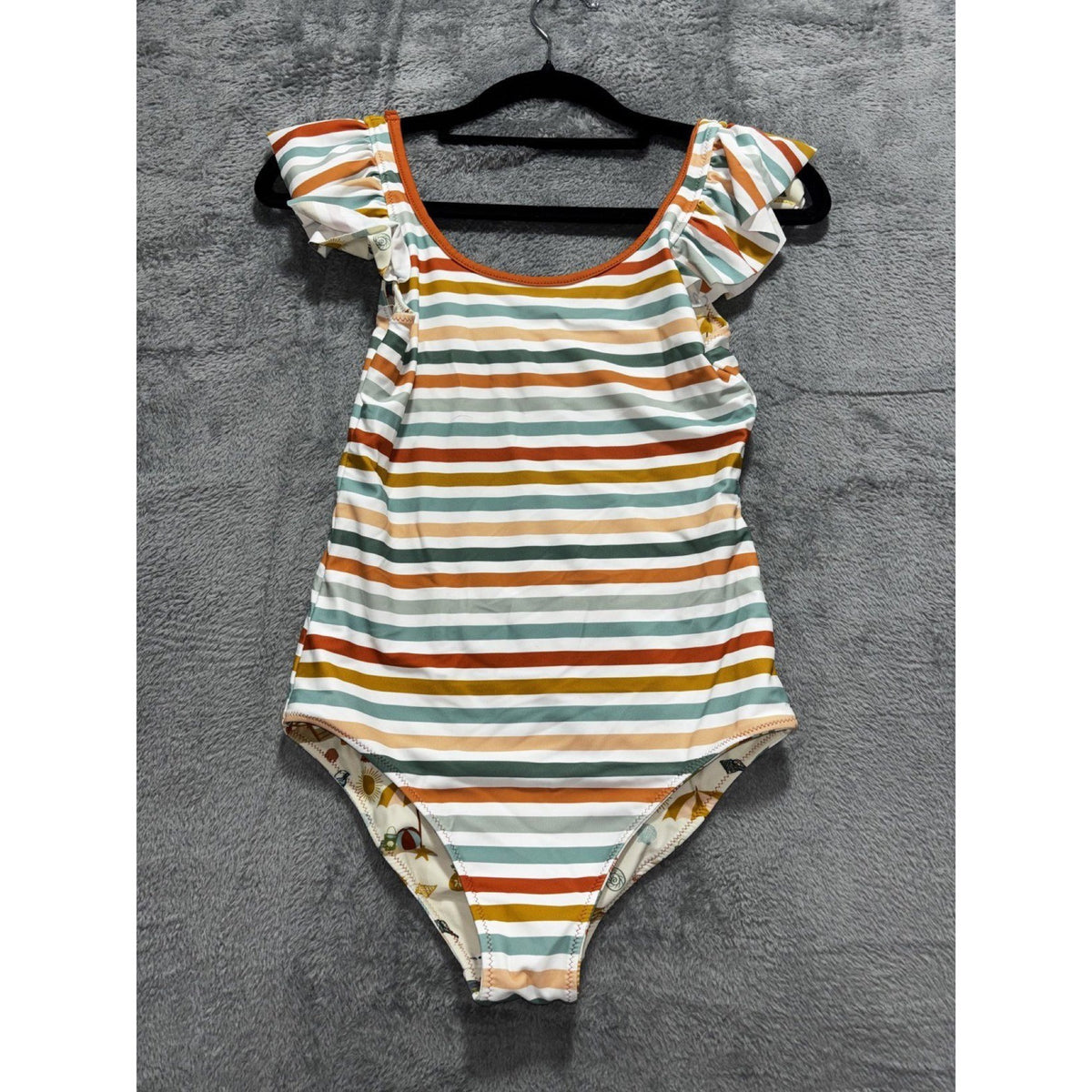 Girls Reversible One Piece Swimsuit Stripes Beach Print Ruffle Size Not Tagged