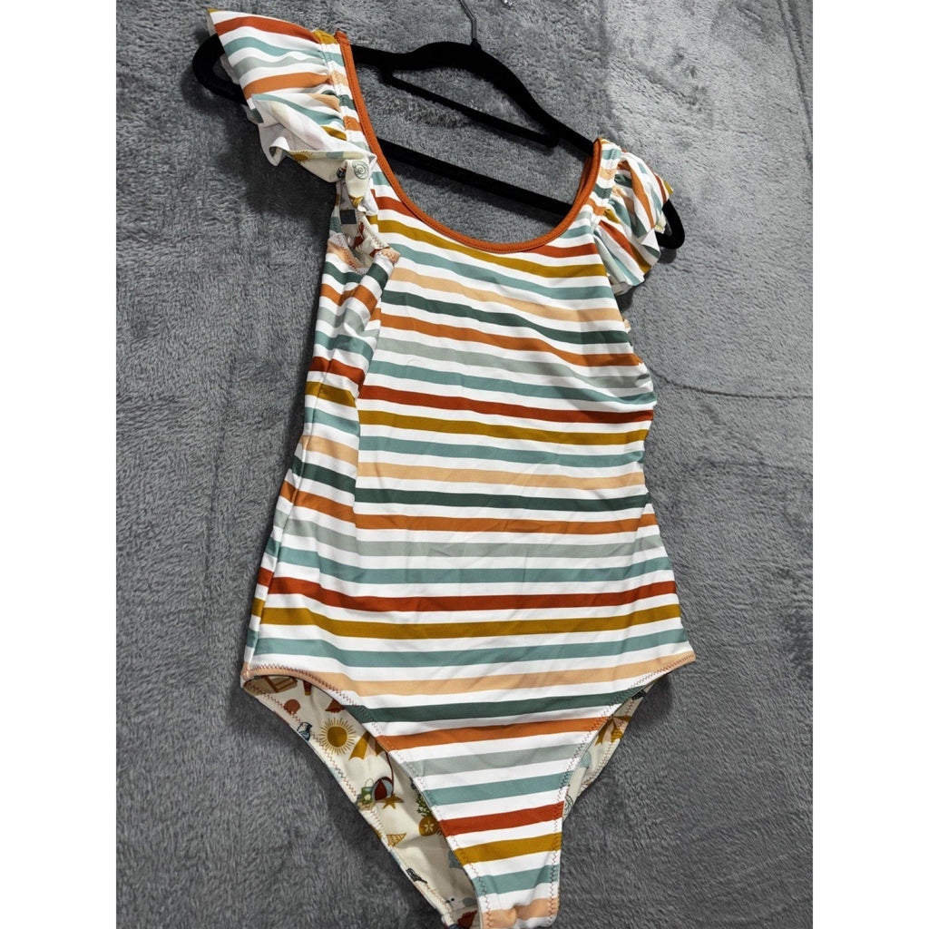 Girls Reversible One Piece Swimsuit Stripes Beach Print Ruffle Size Not Tagged