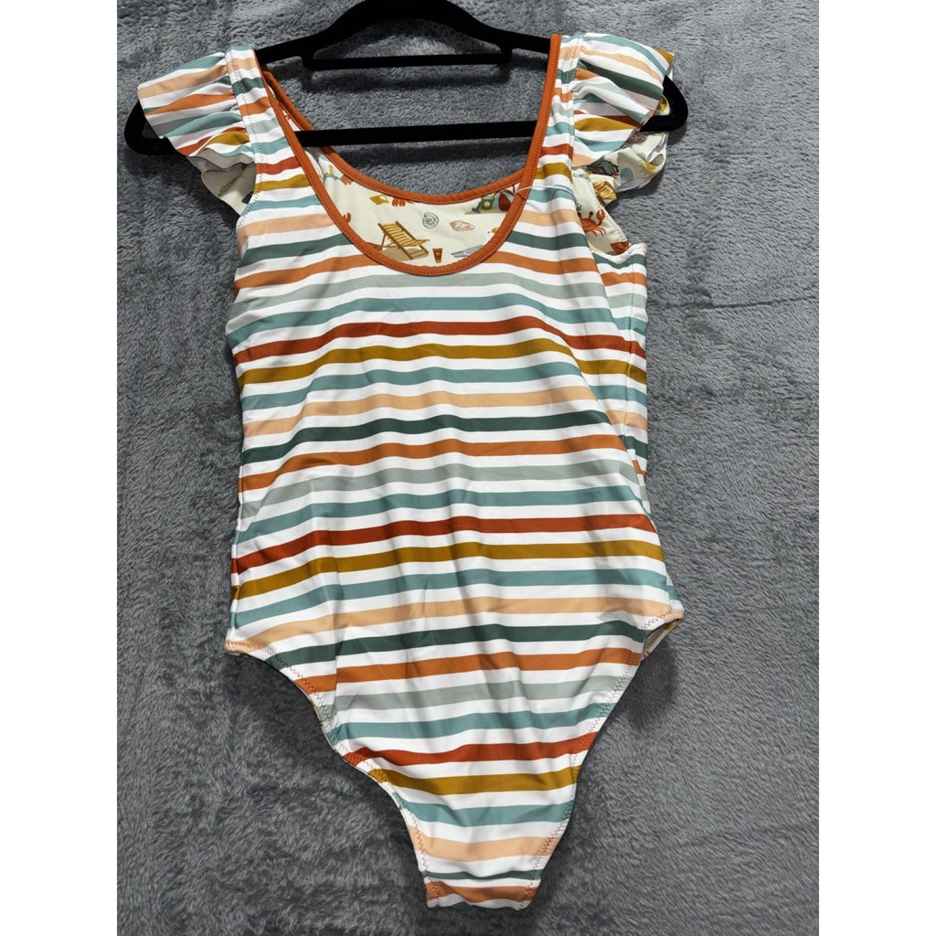 Girls Reversible One Piece Swimsuit Stripes Beach Print Ruffle Size Not Tagged