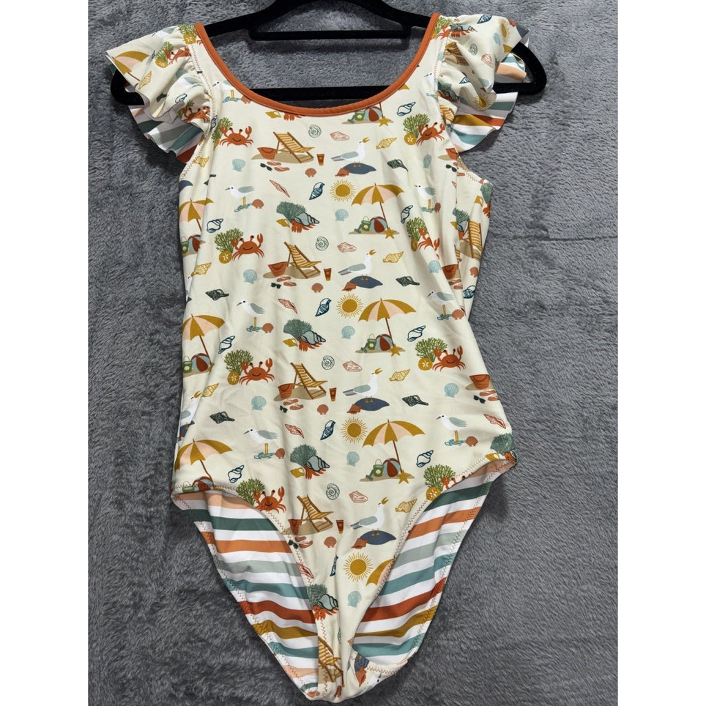 Girls Reversible One Piece Swimsuit Stripes Beach Print Ruffle Size Not Tagged