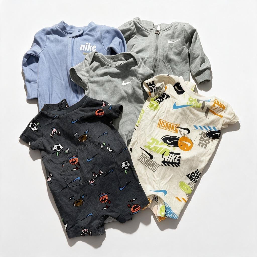 Nike Baby 3M 5 Piece Bundle Rompers Bodysuit Blue Gray Cream