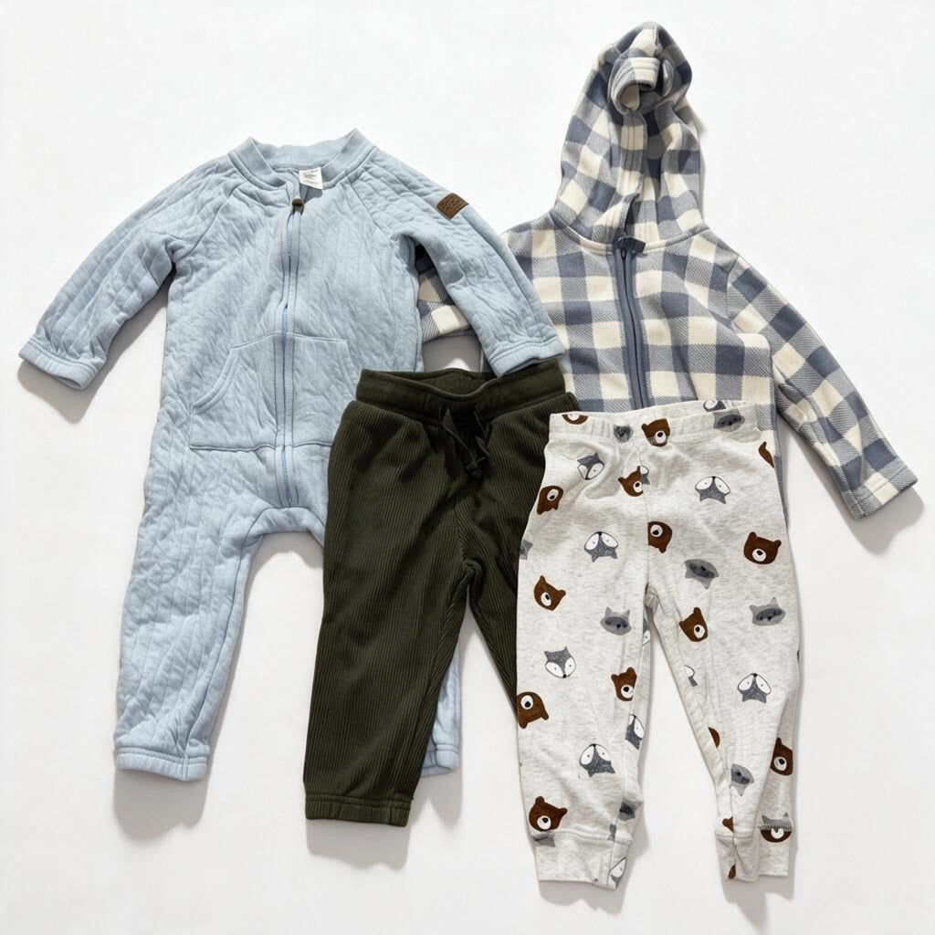 Carter's Baby 18M 4 Piece Bundle Quilted Romper Fleece Jacket Pants Blue Olive