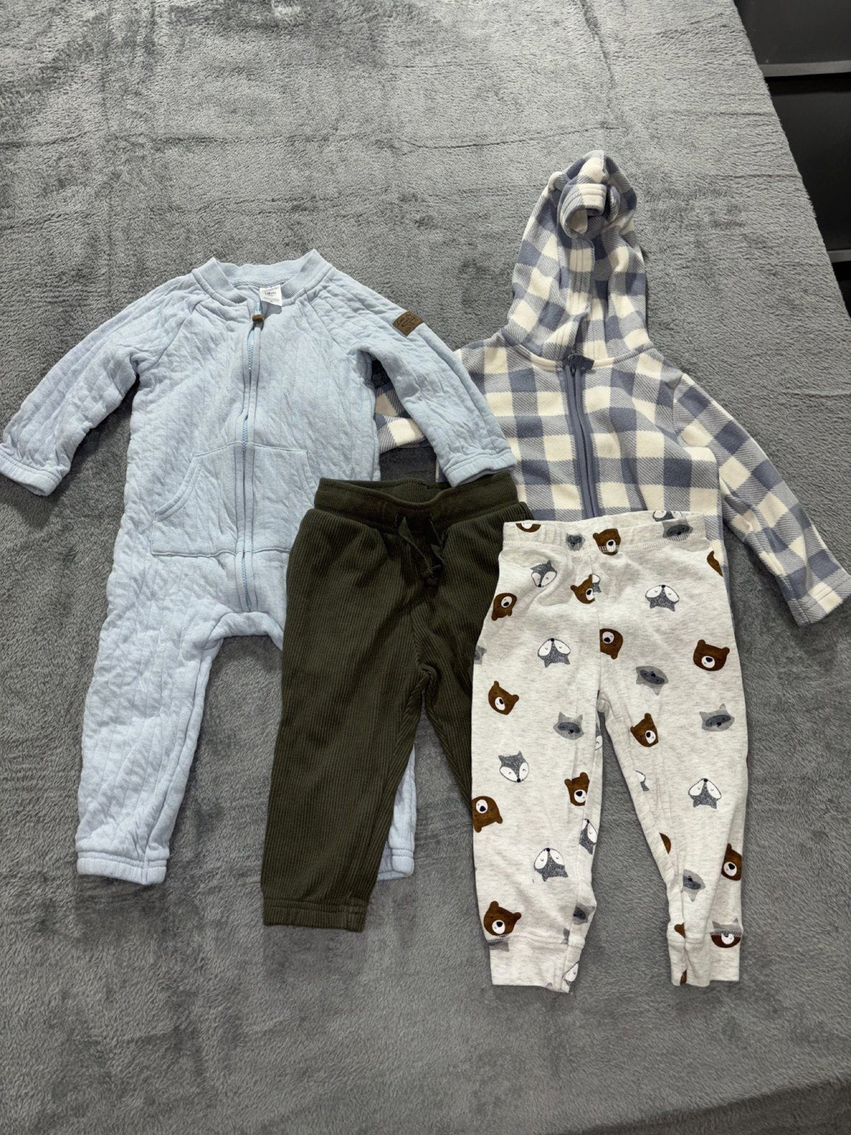 Carter's Baby 18M 4 Piece Bundle Quilted Romper Fleece Jacket Pants Blue Olive